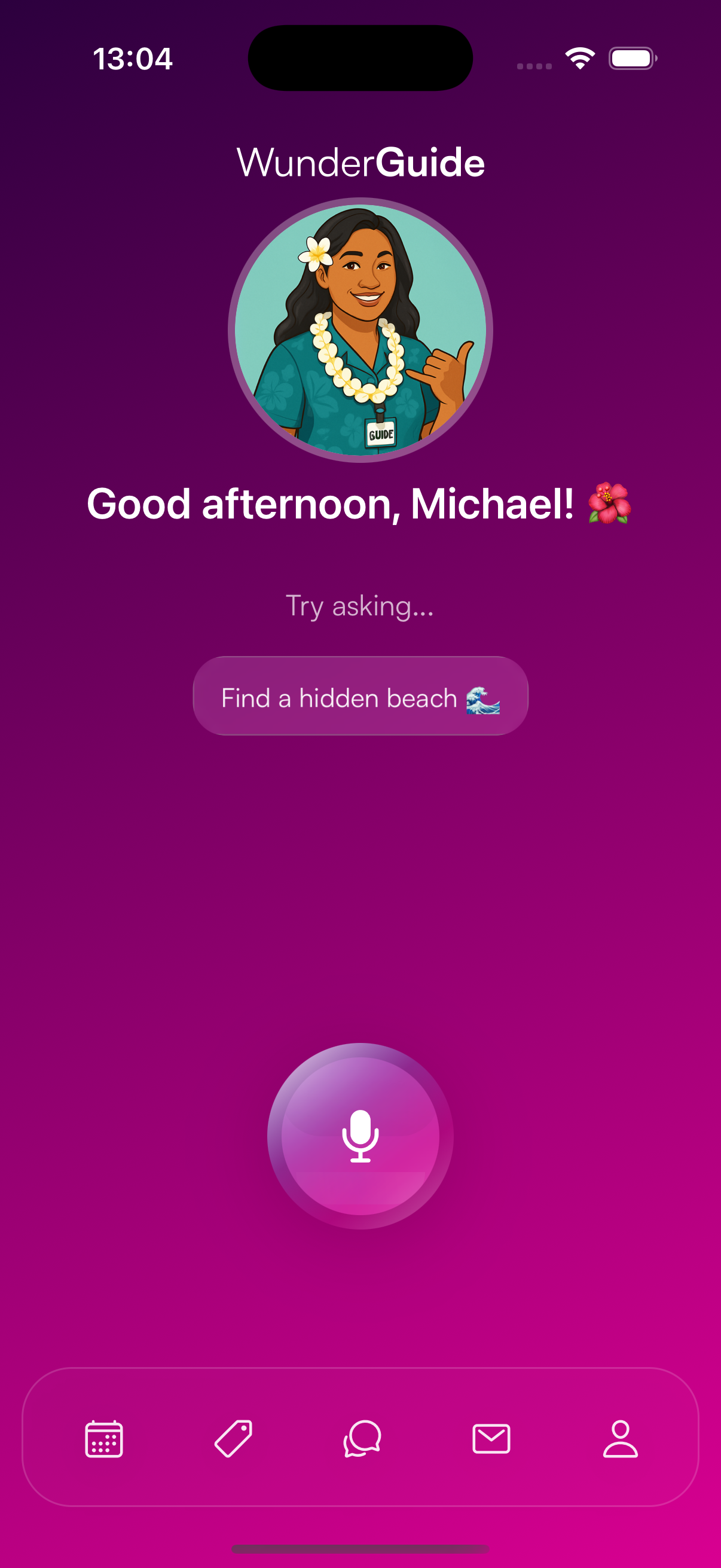 WunderGuide app screenshot showing Leilani greeting a traveler